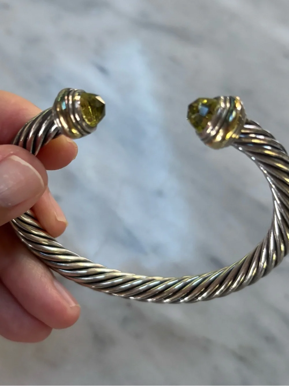 David Yurman Silver Twisted Cable Classics Open Cuff with Green Gemstone Ends